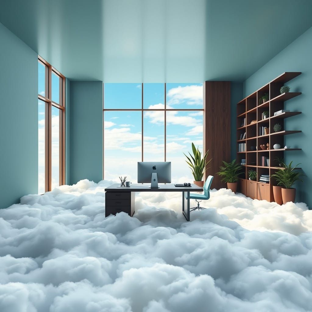 Serenely Floating Modern Office on Clouds in a Soft Blue Sky