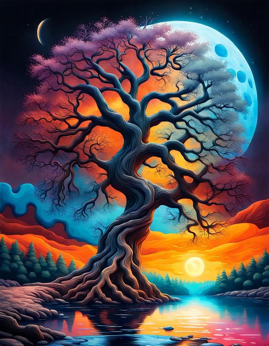 Cosmic Tree Beside Moonlit River in HDR