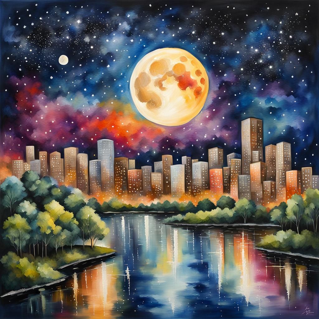 Acrylic painting city in the night
