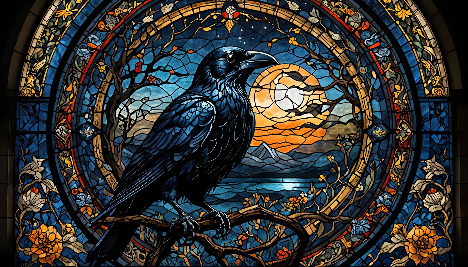 Stained glass crow at night
