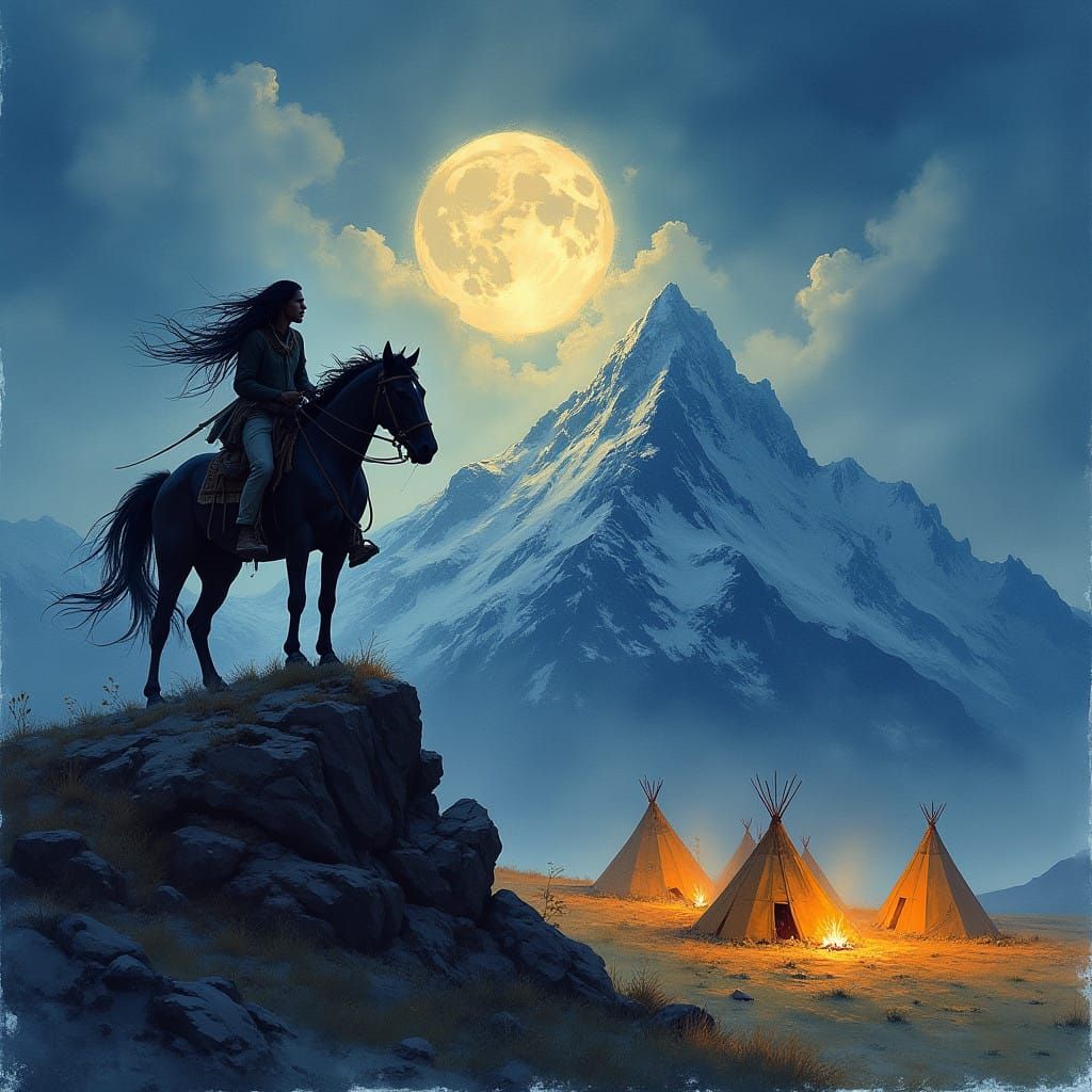 Dark Silhouette of Indian Brave on Horseback Under Starry Ni...