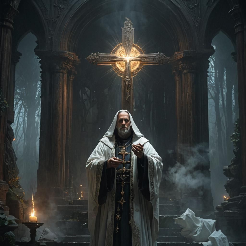 Priest with Radiant Cross in Dark Fantasy Art