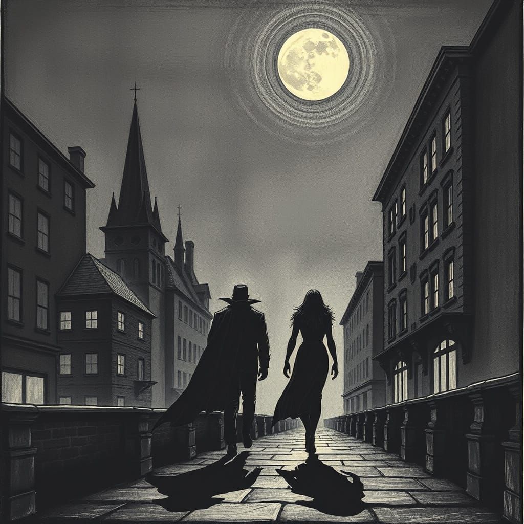 Vampires in Dark City: Etching in Hopper Style