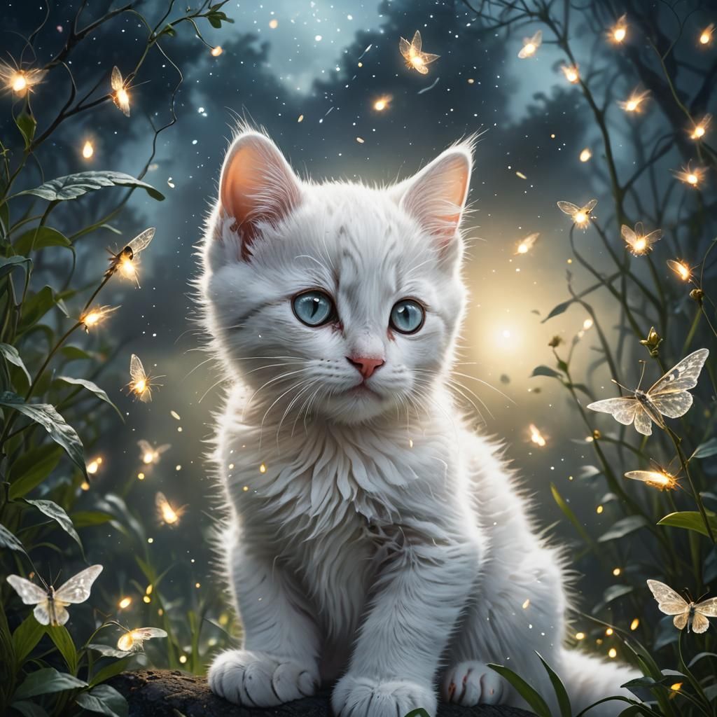 Dreamy Kitten Surrounded by Fireflies in Digital Painting