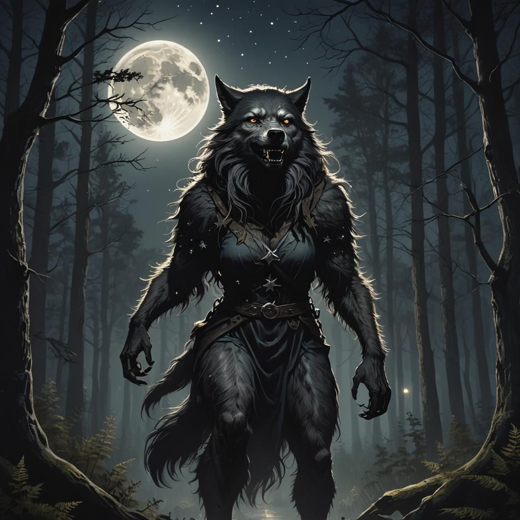 Female Werewolf in Dark Forest at Night