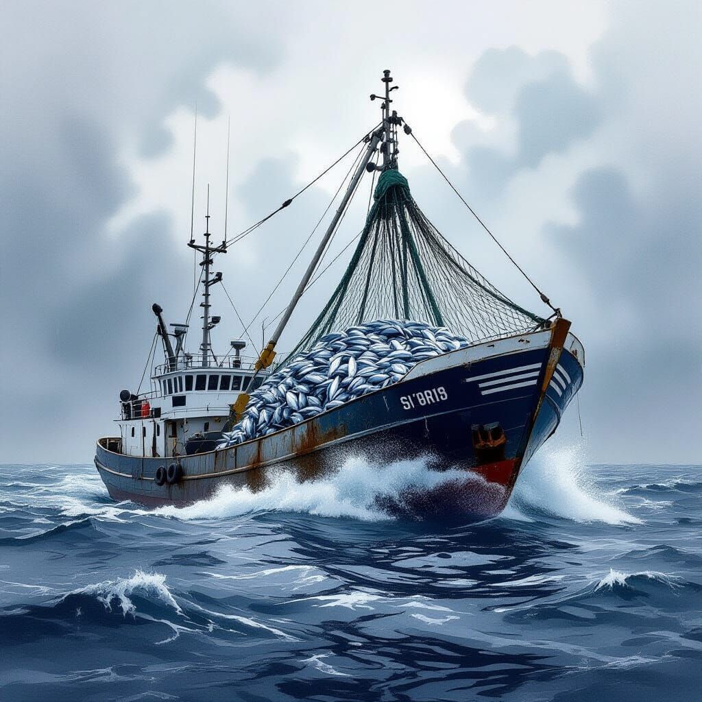 Realistic Ocean Trawler Listing Heavily on Choppy Seas