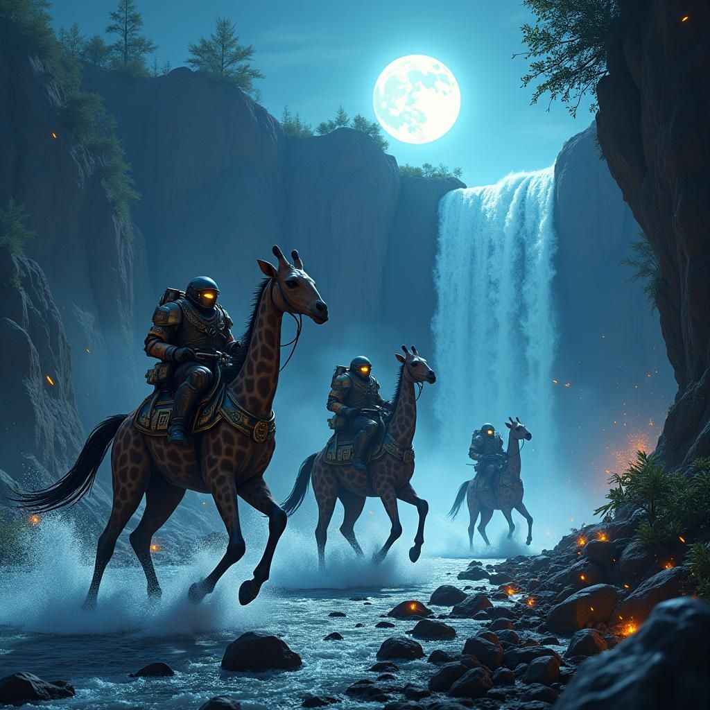 Dwarves on Giraffes by Waterfall in Anime Style
