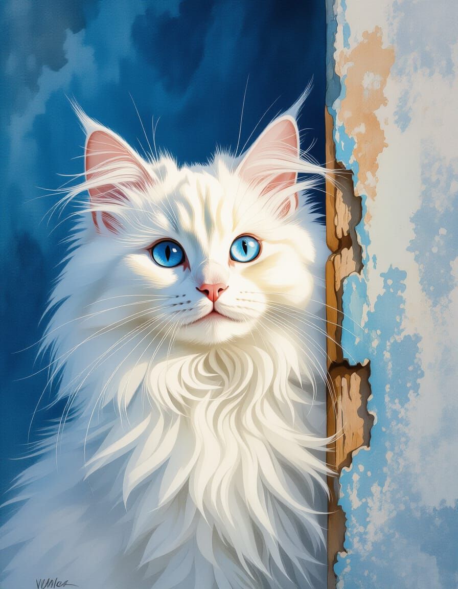 Fluffy White Cat Peering from Old Wall in Watercolor Style