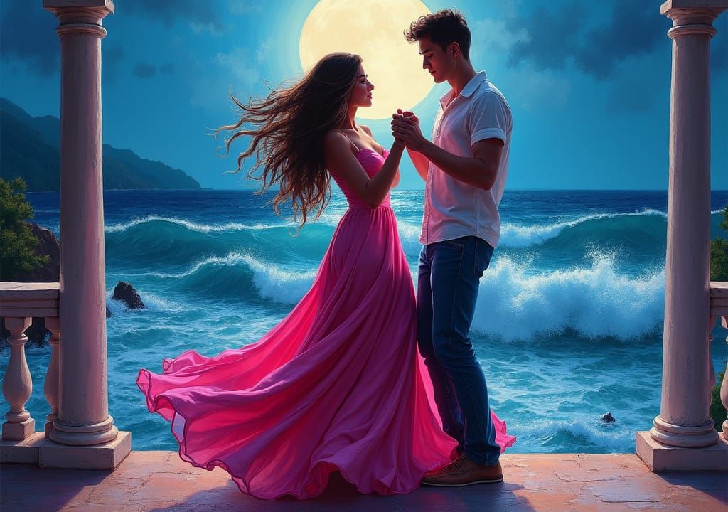 Romantic Moonlight Dance in Expressive Oil Painting Style