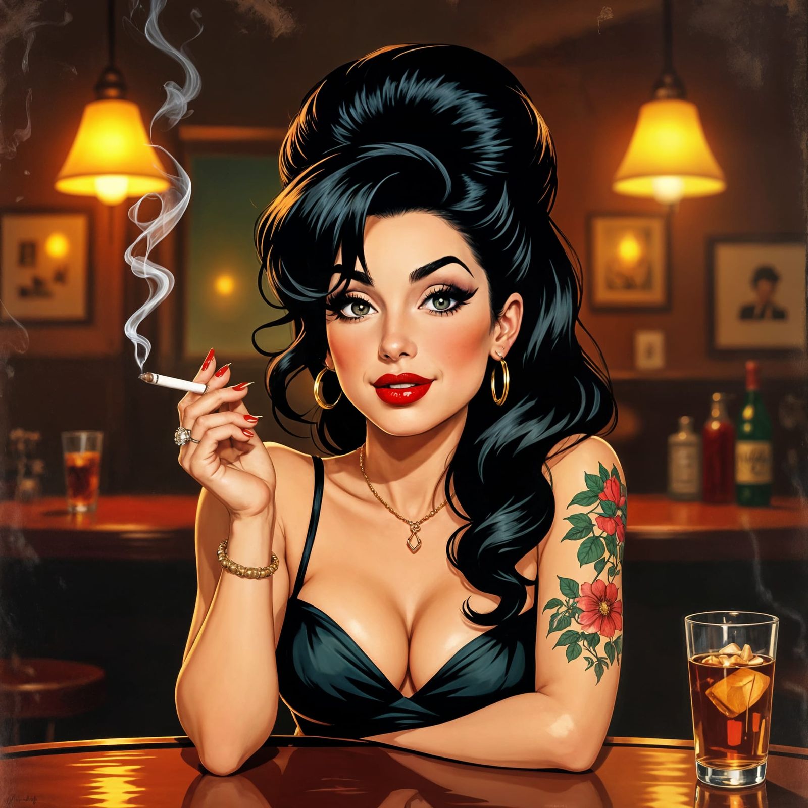 1950s Pinup Cartoon of Amy Winehouse in a Bar
