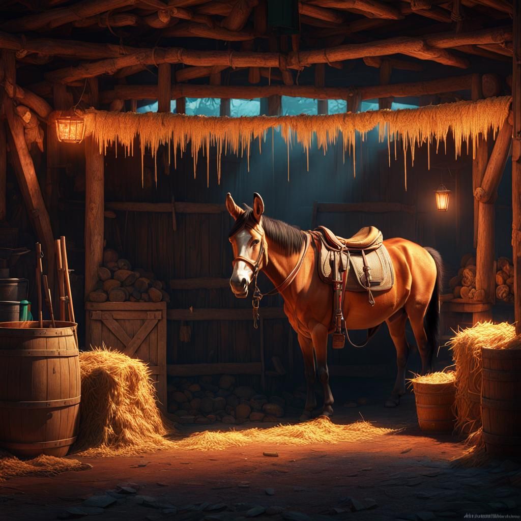 Mule in Ramshackle Barn Stall, Detailed Concept Art