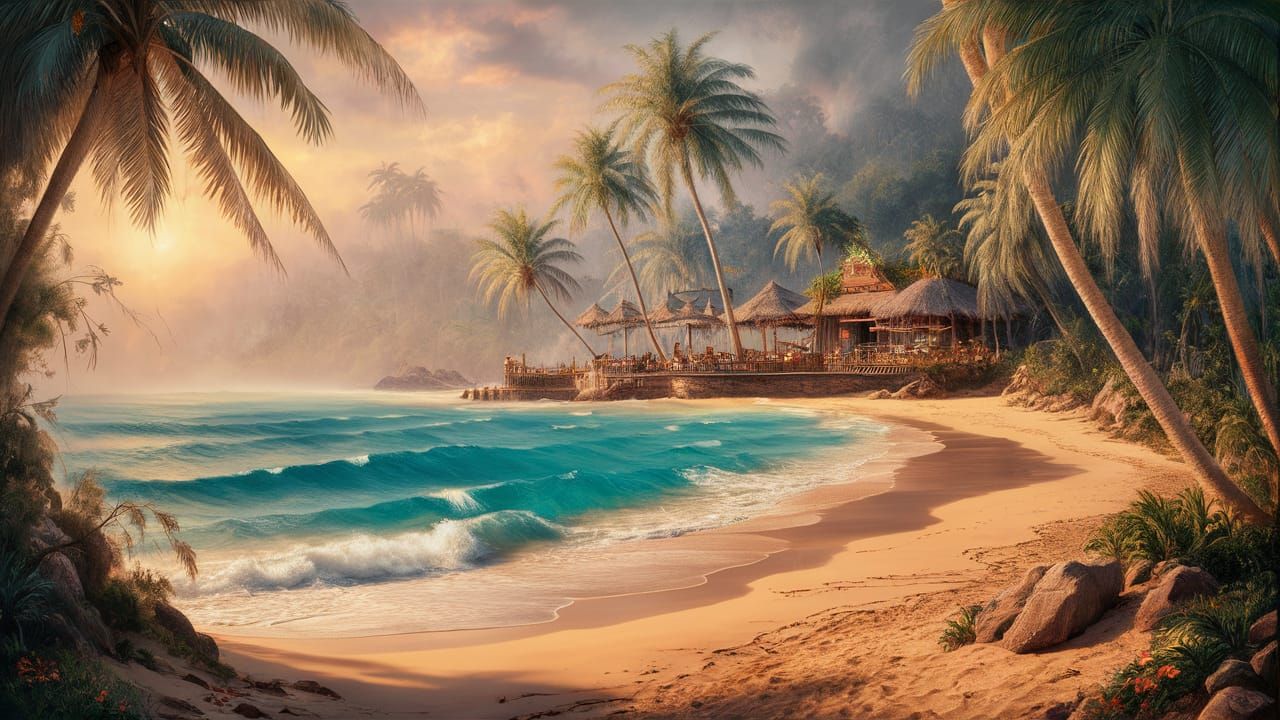 Tropical Beach Sunset in Dreamy, Ethereal Style
