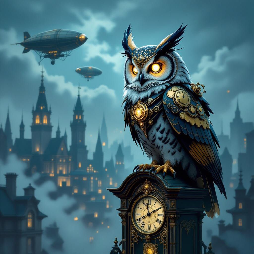 Steampunk Owl Surveys Misty Victorian City