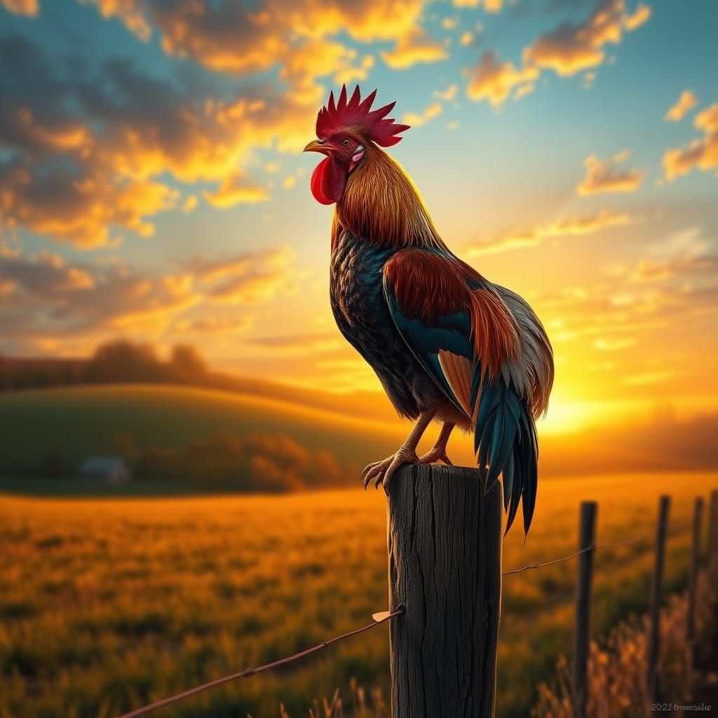 Idyllic Rooster at Dawn in Whimsical Hyper-Realistic Style
