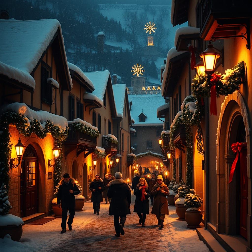 Festive Italian Village Scene in Warm, Golden Light