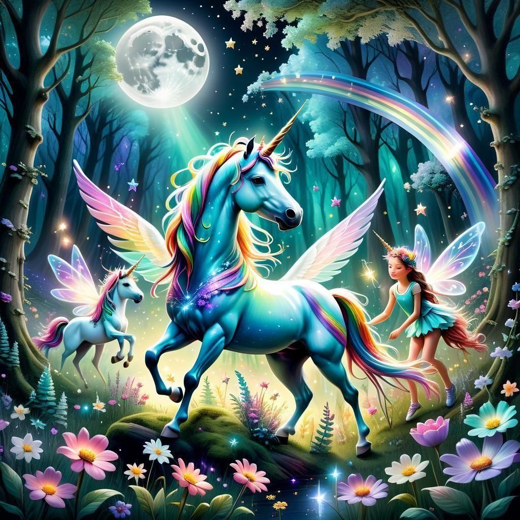 Pastel Rainbow Unicorn and Fairies in Enchanted Forest