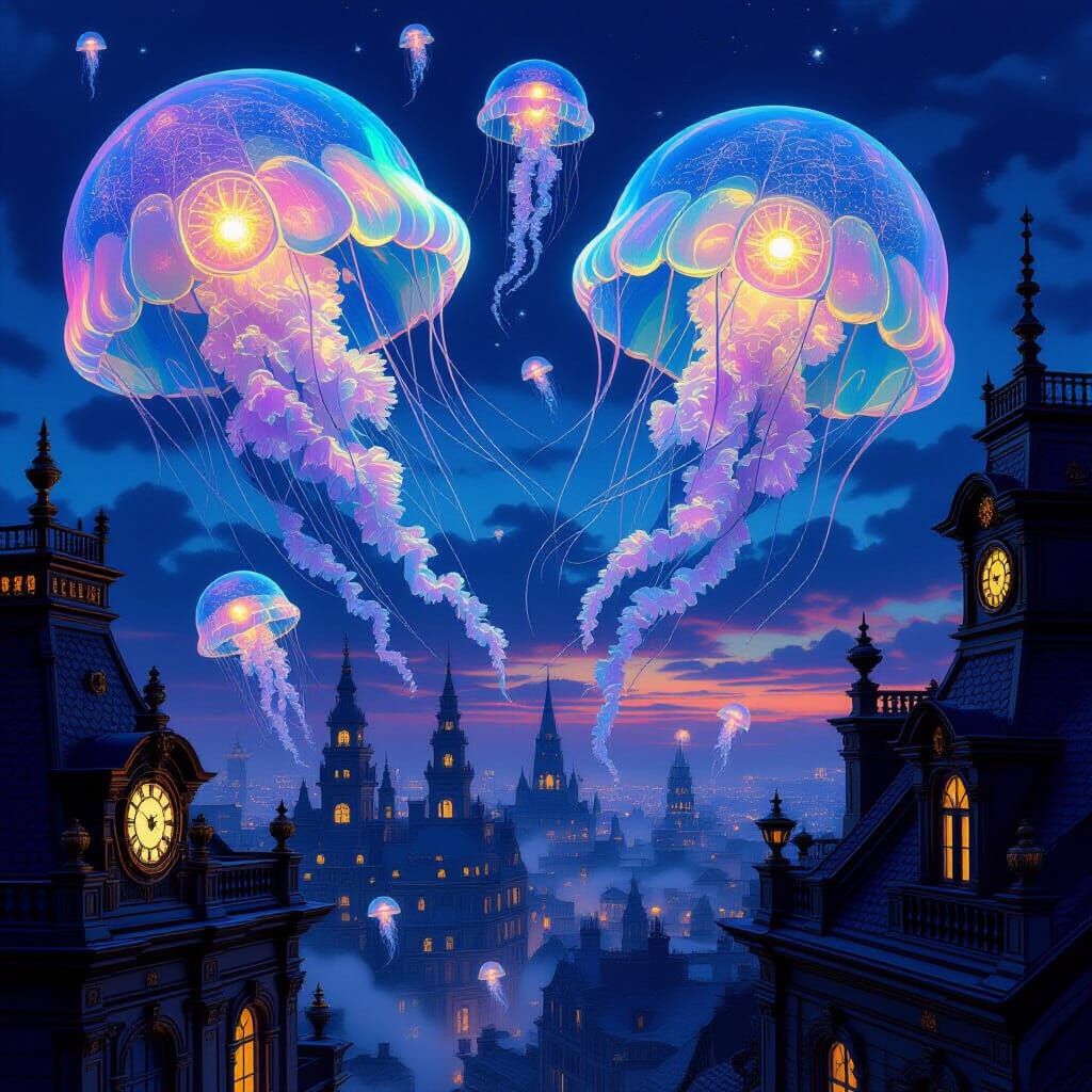Jellyfish Over Victorian Cityscape in Fantasy Concept Art St...