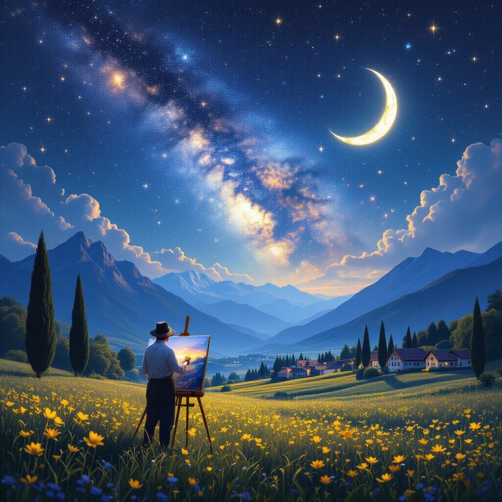 Dreamy Fantasy Night Landscape with Painter