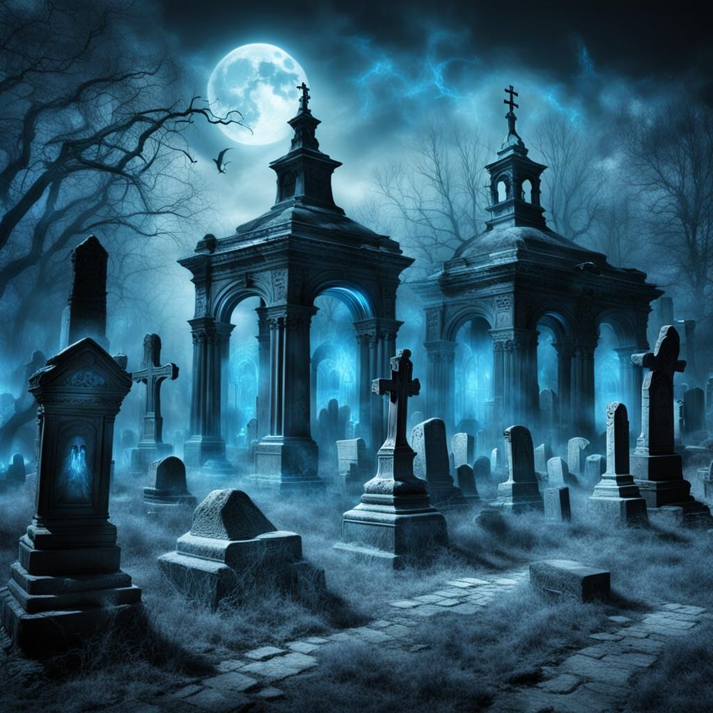 Ghostly Phantoms Drifting Through Ancient Graveyard