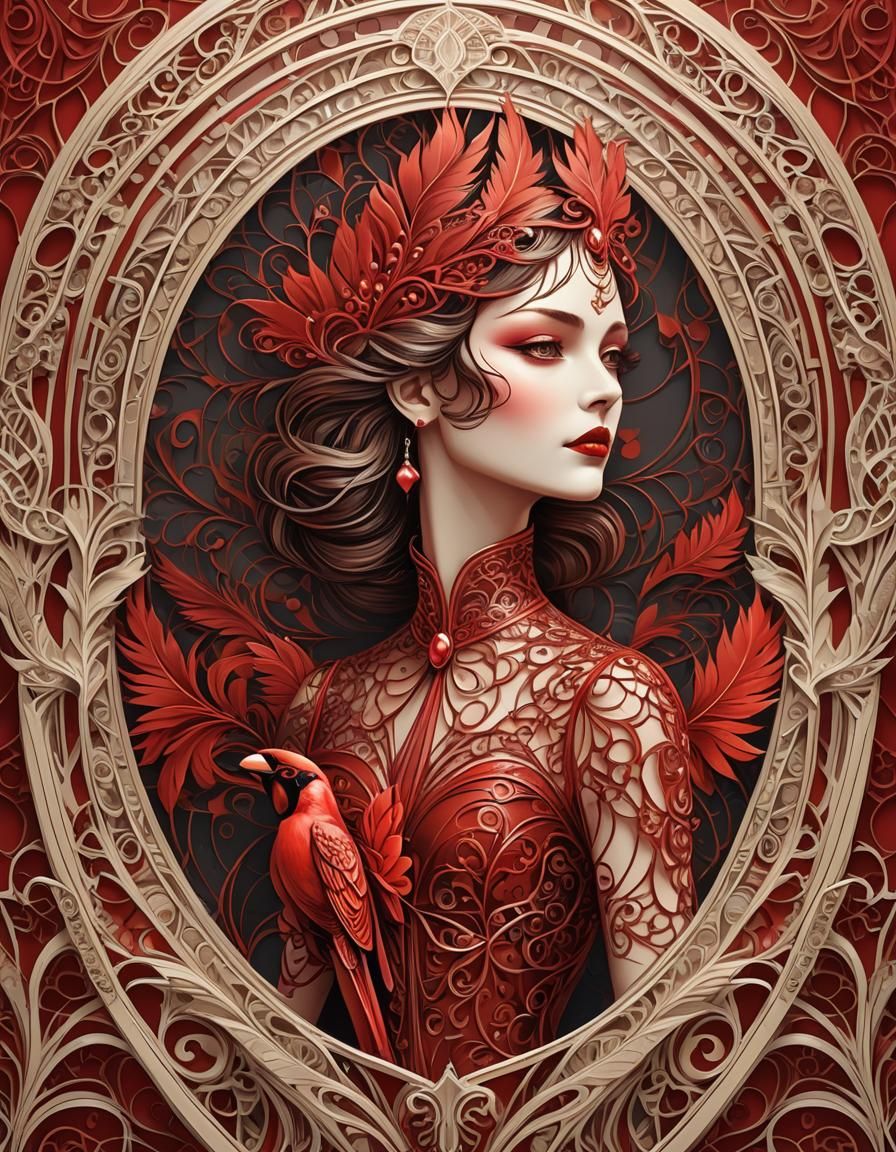 Art Deco Woman in Red With Feathered Arch