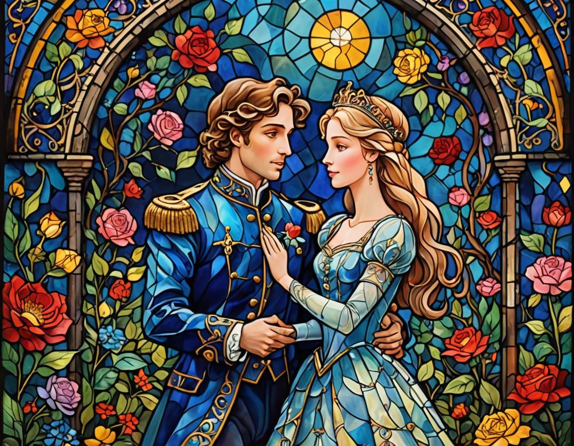 Prince and Princess Embrace in Stained Glass Style