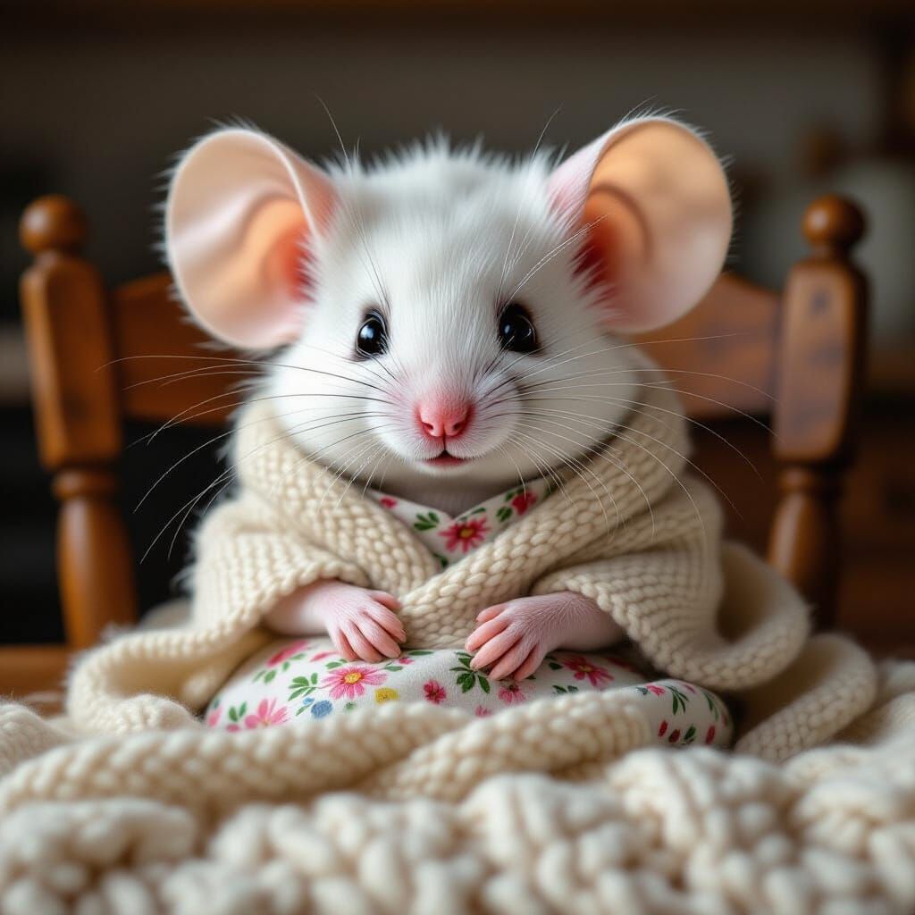 Hyper-Realistic Mouse in Rustic Kitchen, Floral Dress