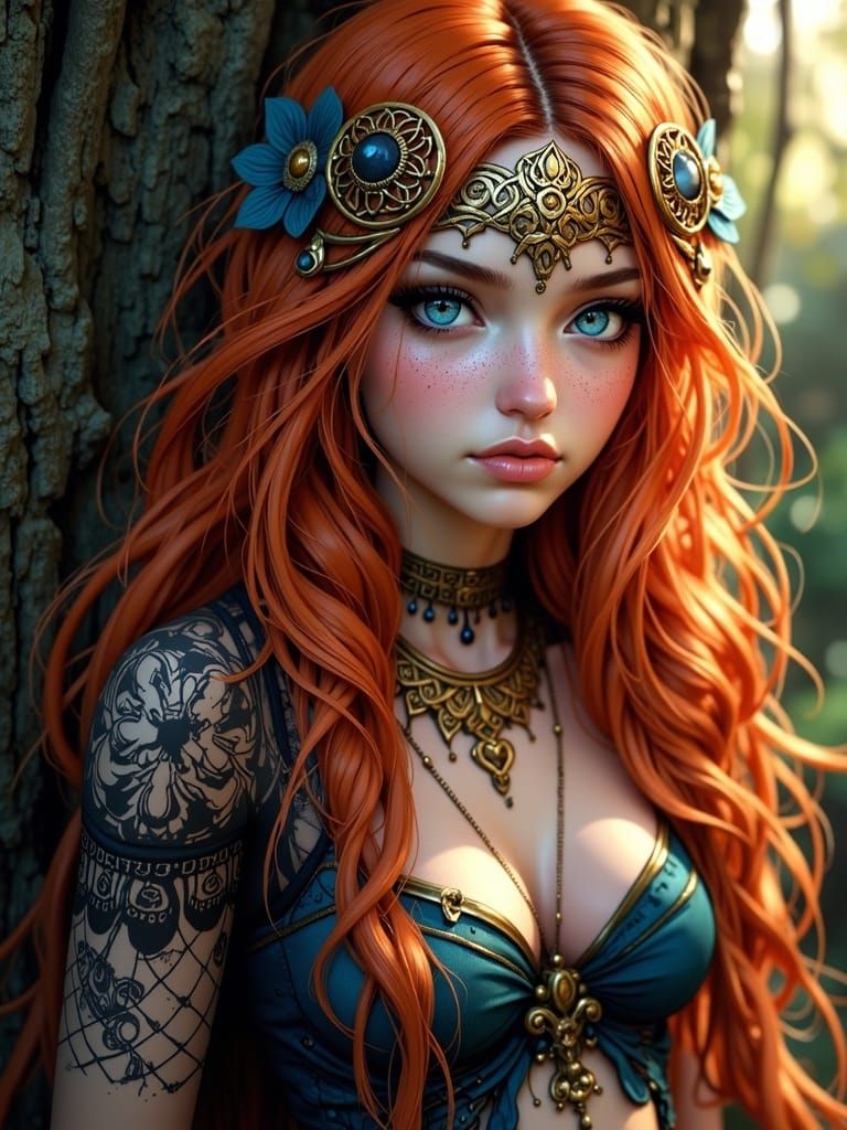 Ethereal Celtic Goddess with Auburn Hair, Digital Art