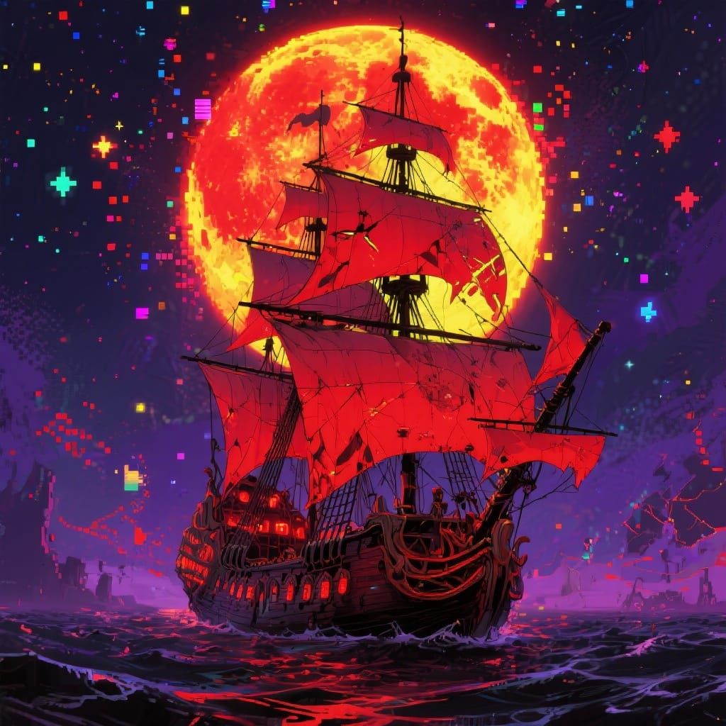 pirates galleon ship" glowing scarlet ghost pirate ship on o...