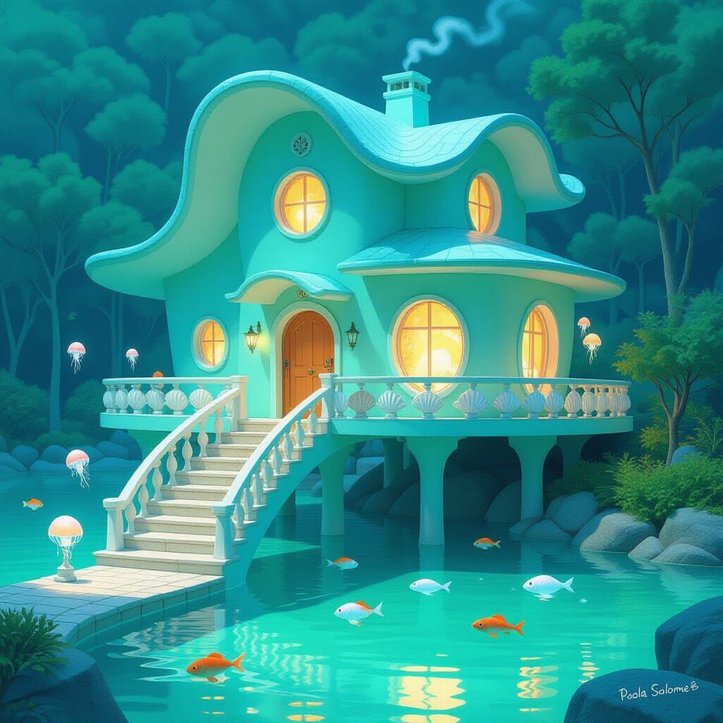 Whimsical House Over Crystal Lake in Fantasy Style