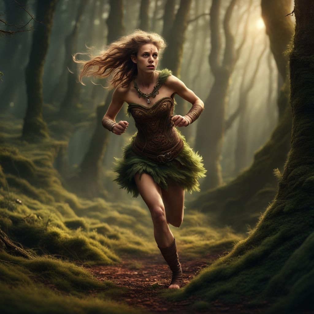 princess satyr in short skirt running in the forest Epic cinematic brilliant stunning intricate meticulously detailed dr...