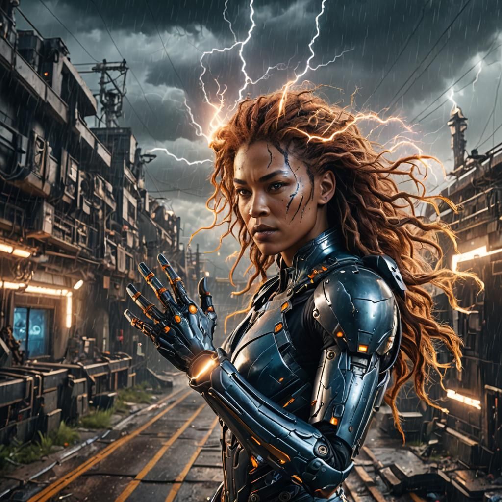 Cyborg in Lightning Storm: Fantasy Concept Art