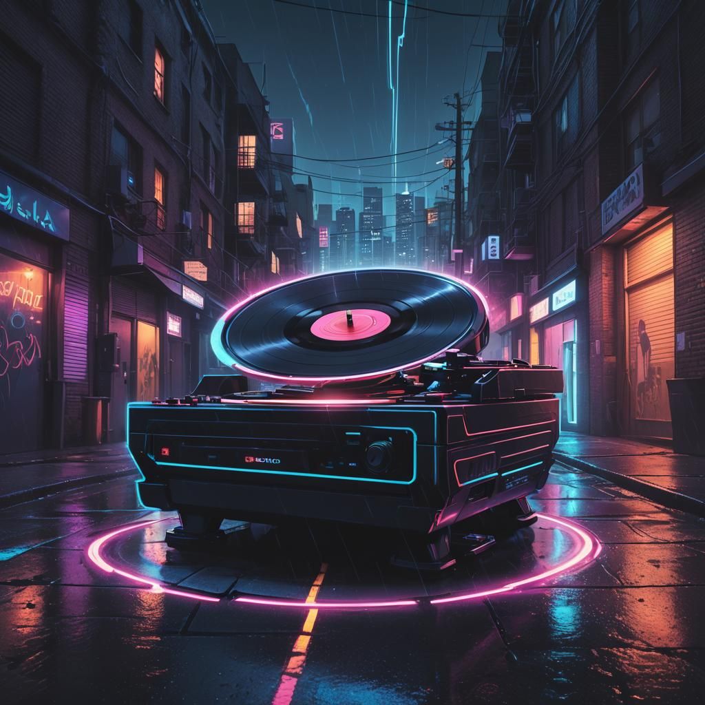 Synthwave Record Player in Neon City Alleyway