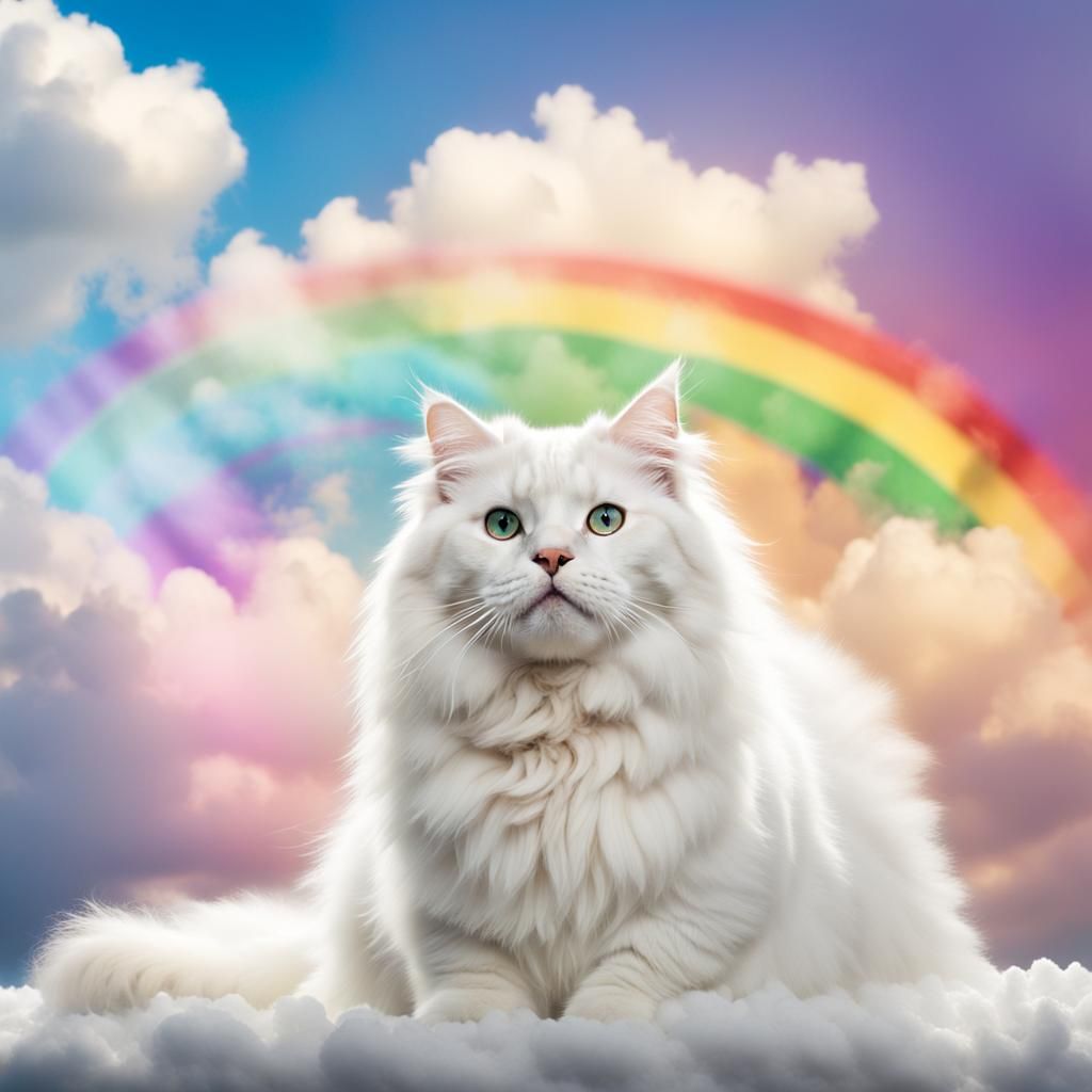 Fluffy White Cat on Clouds with Rainbow