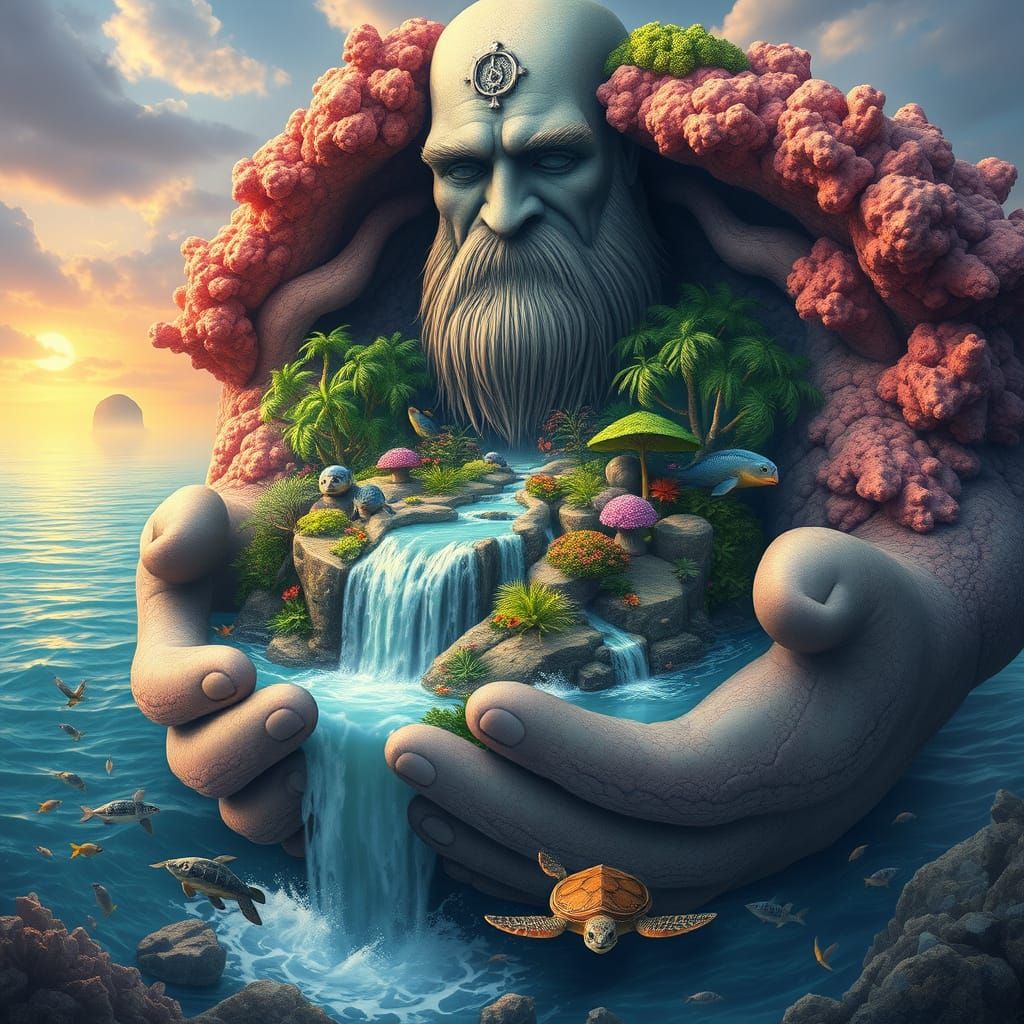 Gentle Ocean Giant in Island Embrace, a Serene Water Element...