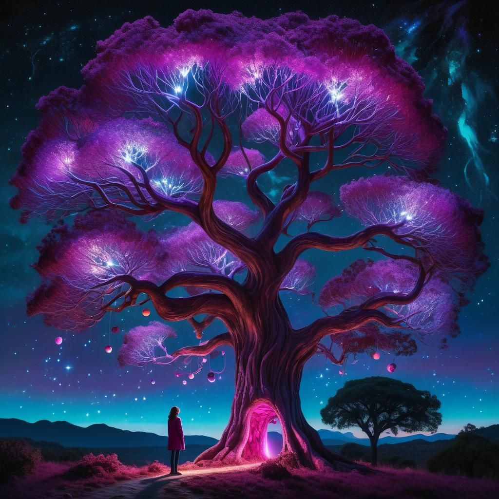 Bioluminescent Tree with Woman Under Starry Sky