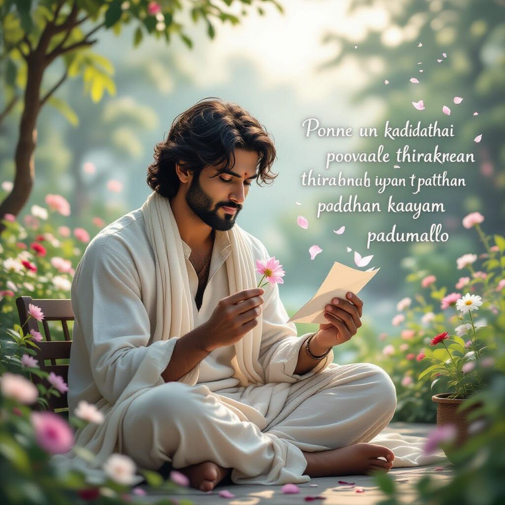 South Asian Man Opens Letter in Dreamlike Garden at Dawn