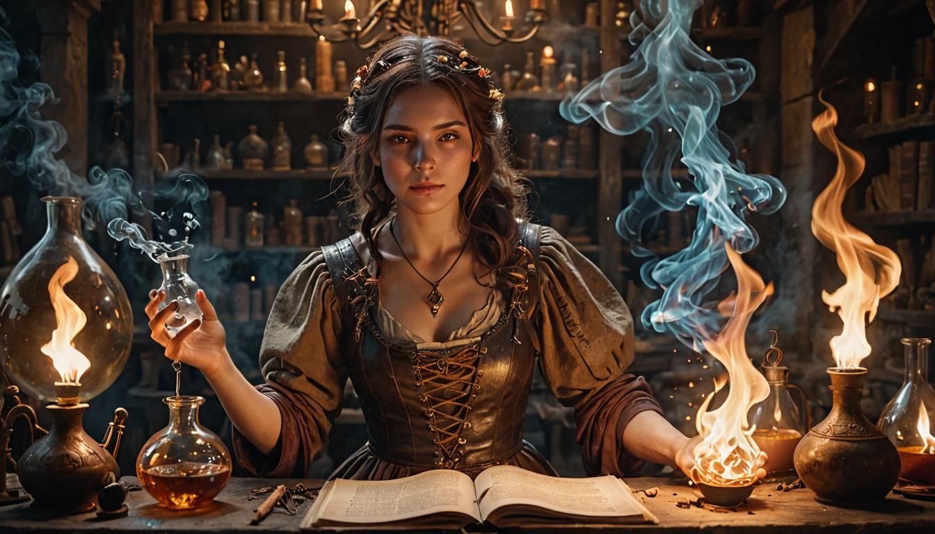 Mystical Alchemist Girl in Workshop Concept Art