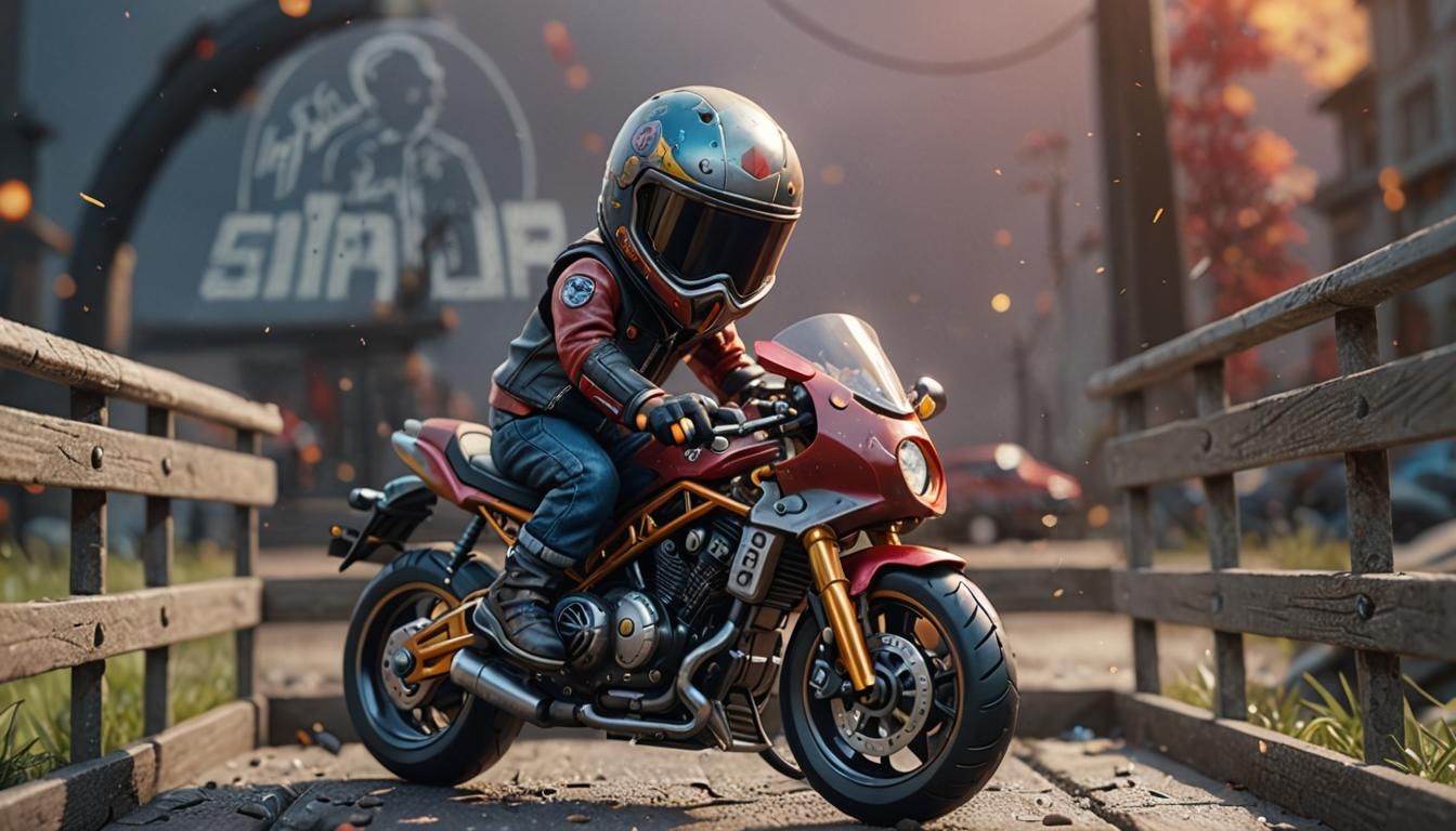 Miniature Biker on Toy Bike: Detailed Matte Painting