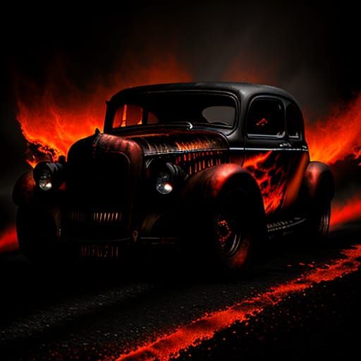 Fiery Steampunk Hotrod in Dark Surrealism