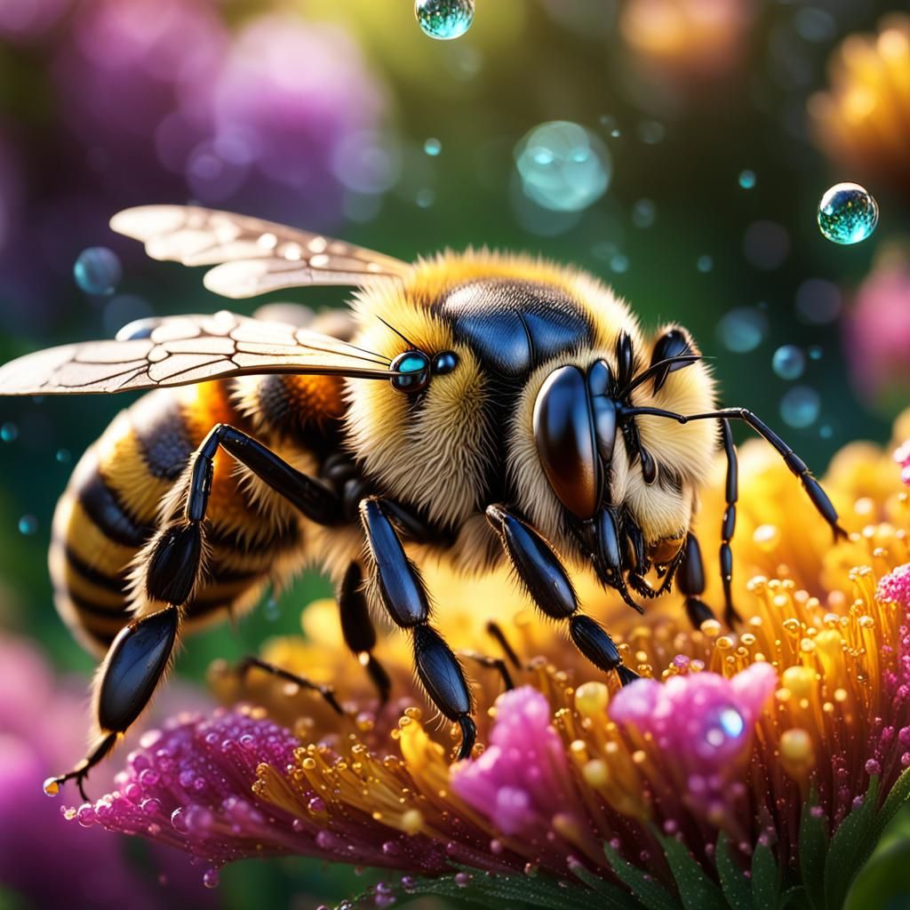 Detailed Bee Portrait in Lush Garden Setting