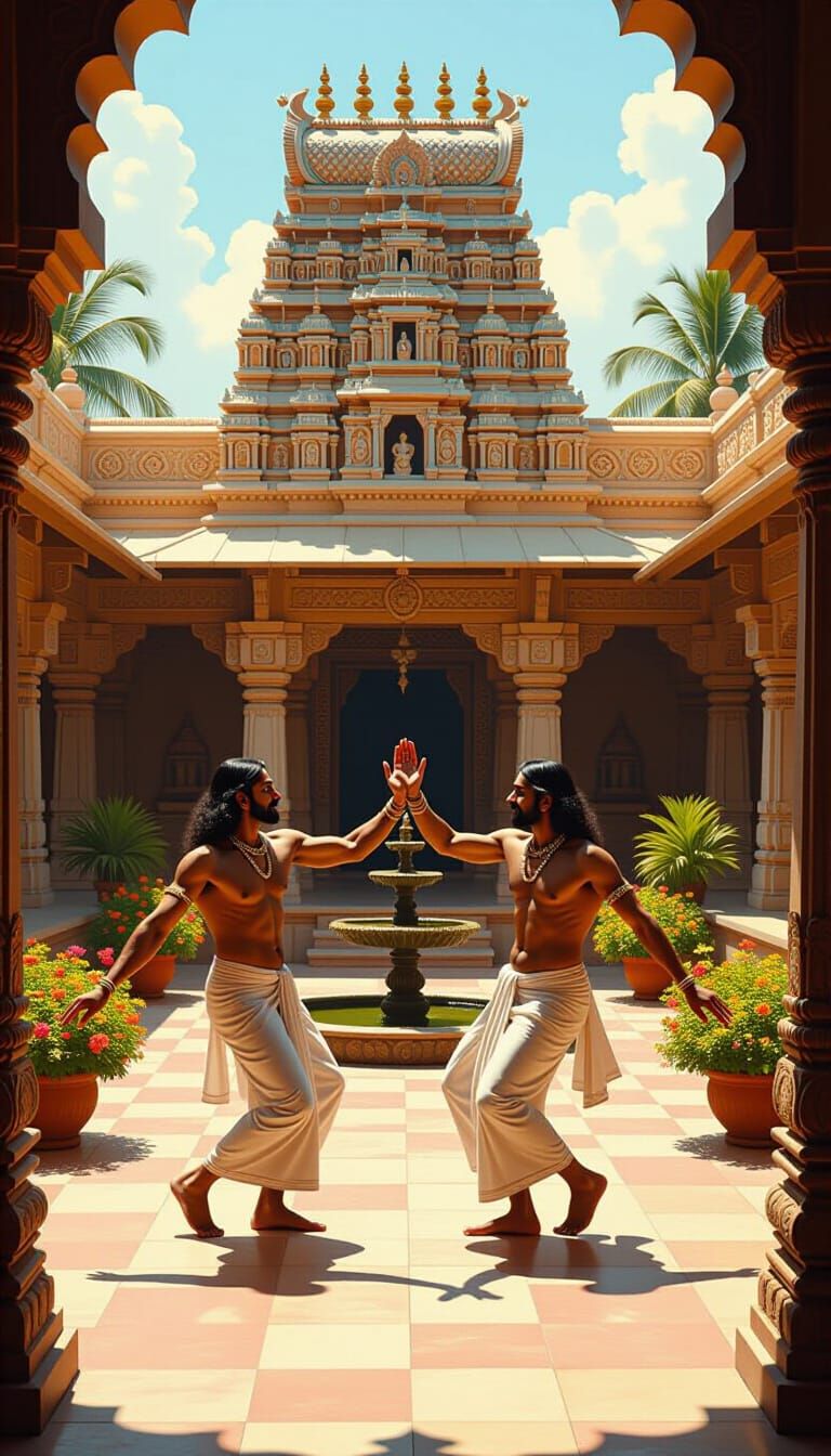 Sacred Temple Dance: Men Perform Ritual in Ornate Courtyard