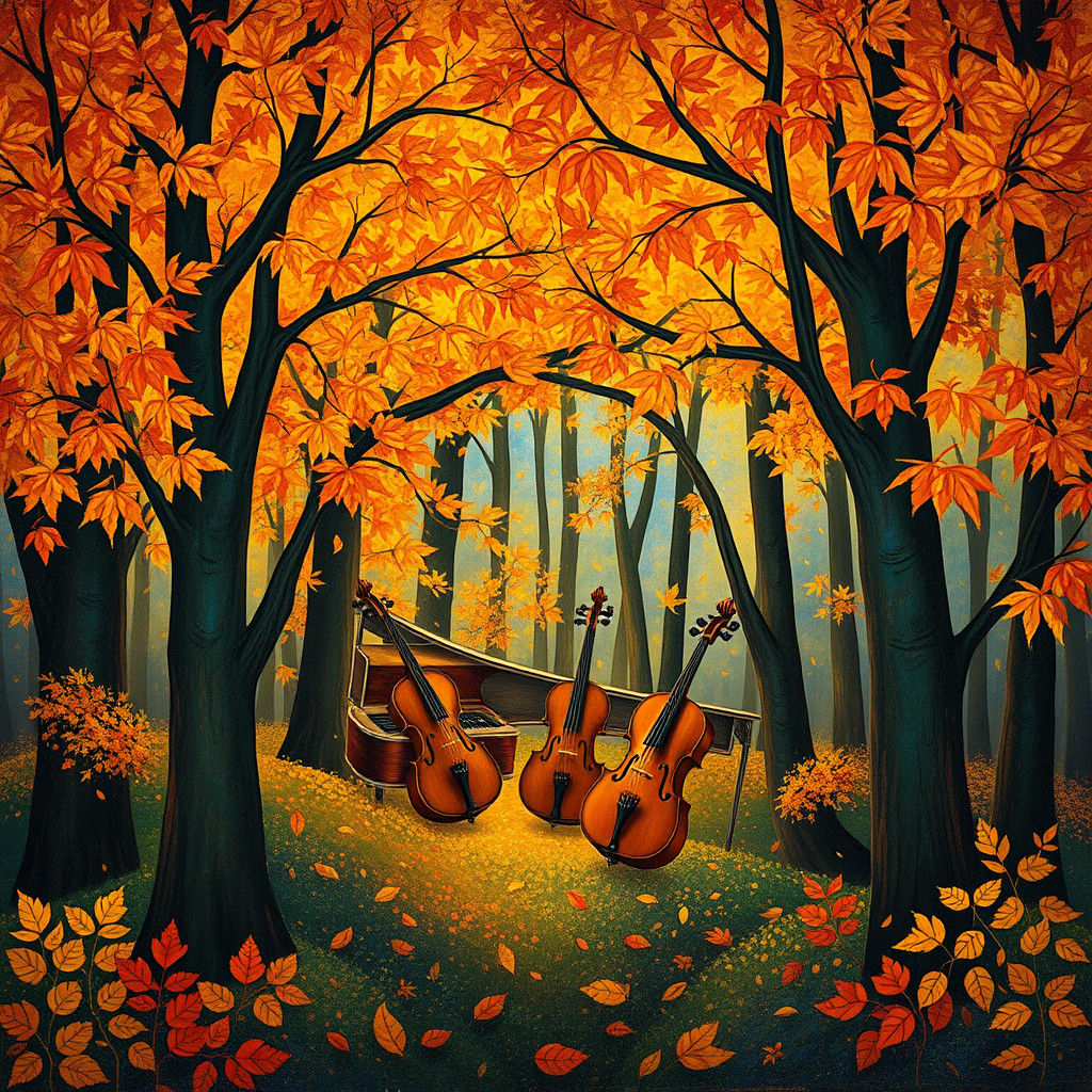 Autumnal Orchestra in Enchanted Forest, Surrealist Painting