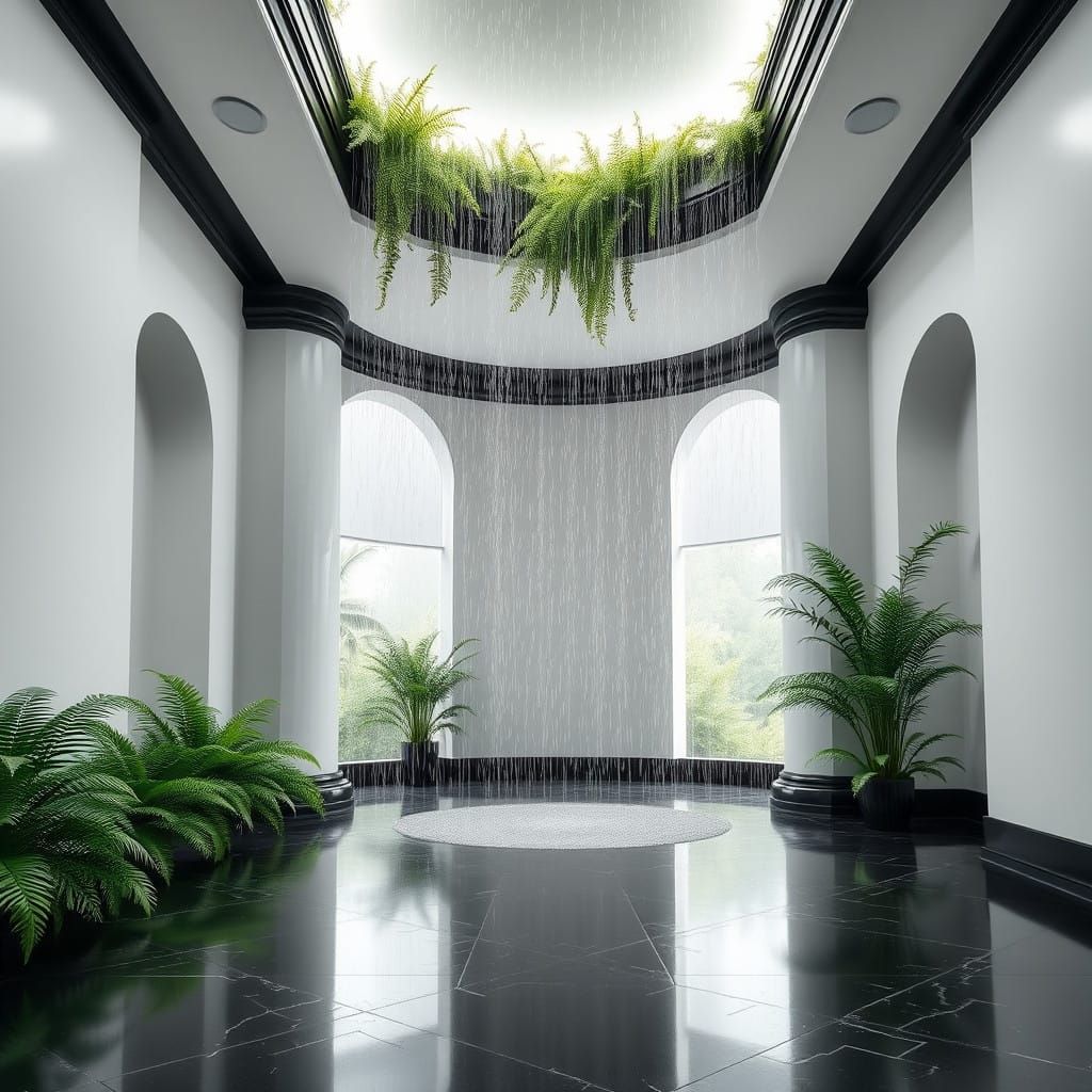 Ethereal White Room Drenched in Rainy Atmosphere