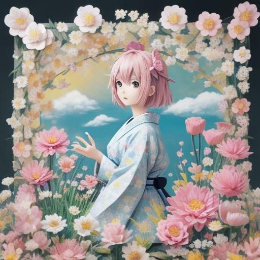 Paper Hello Kitty in Origami Flower Field