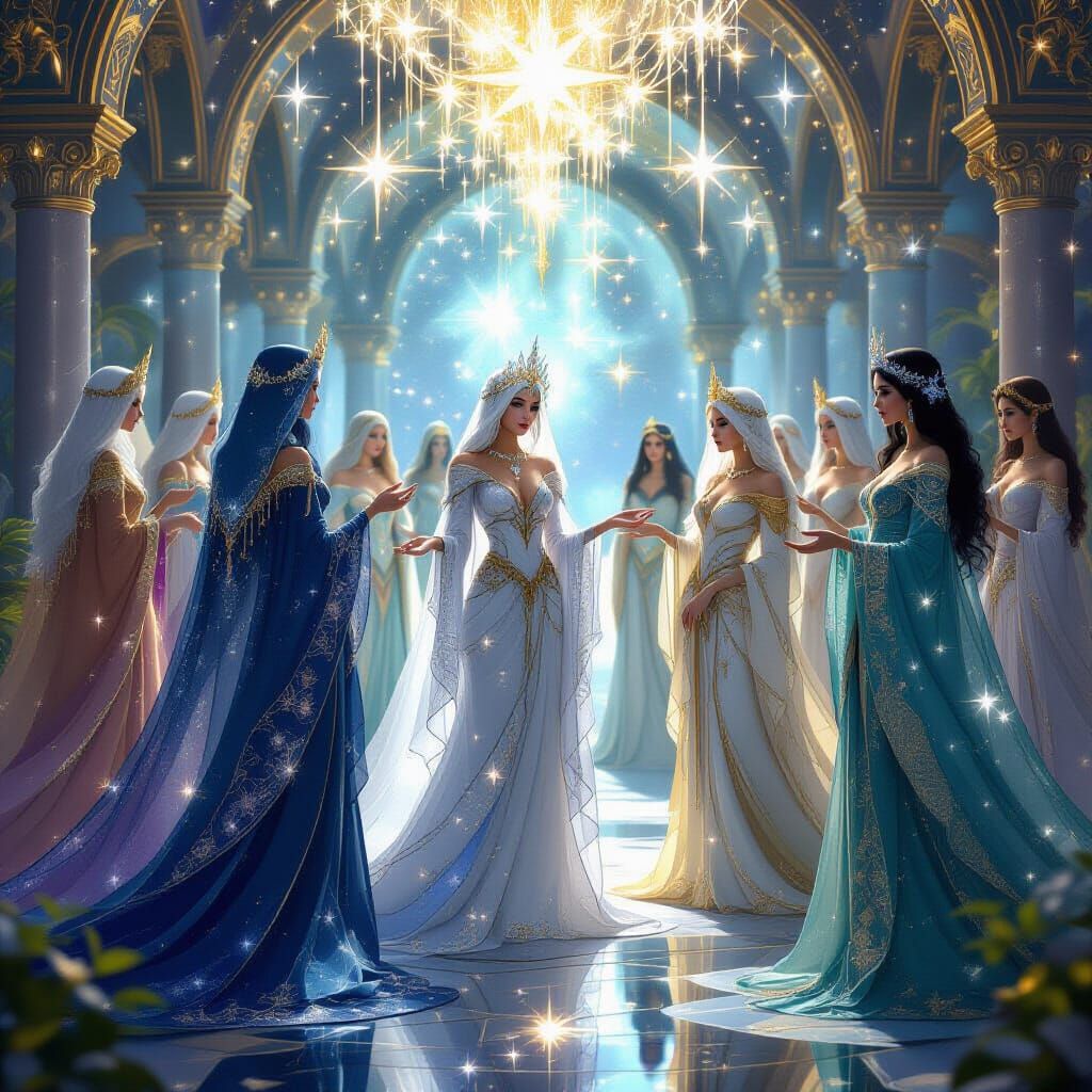 Ethereal Fantasy Scene: Celestial Beings in Cosmic Realm