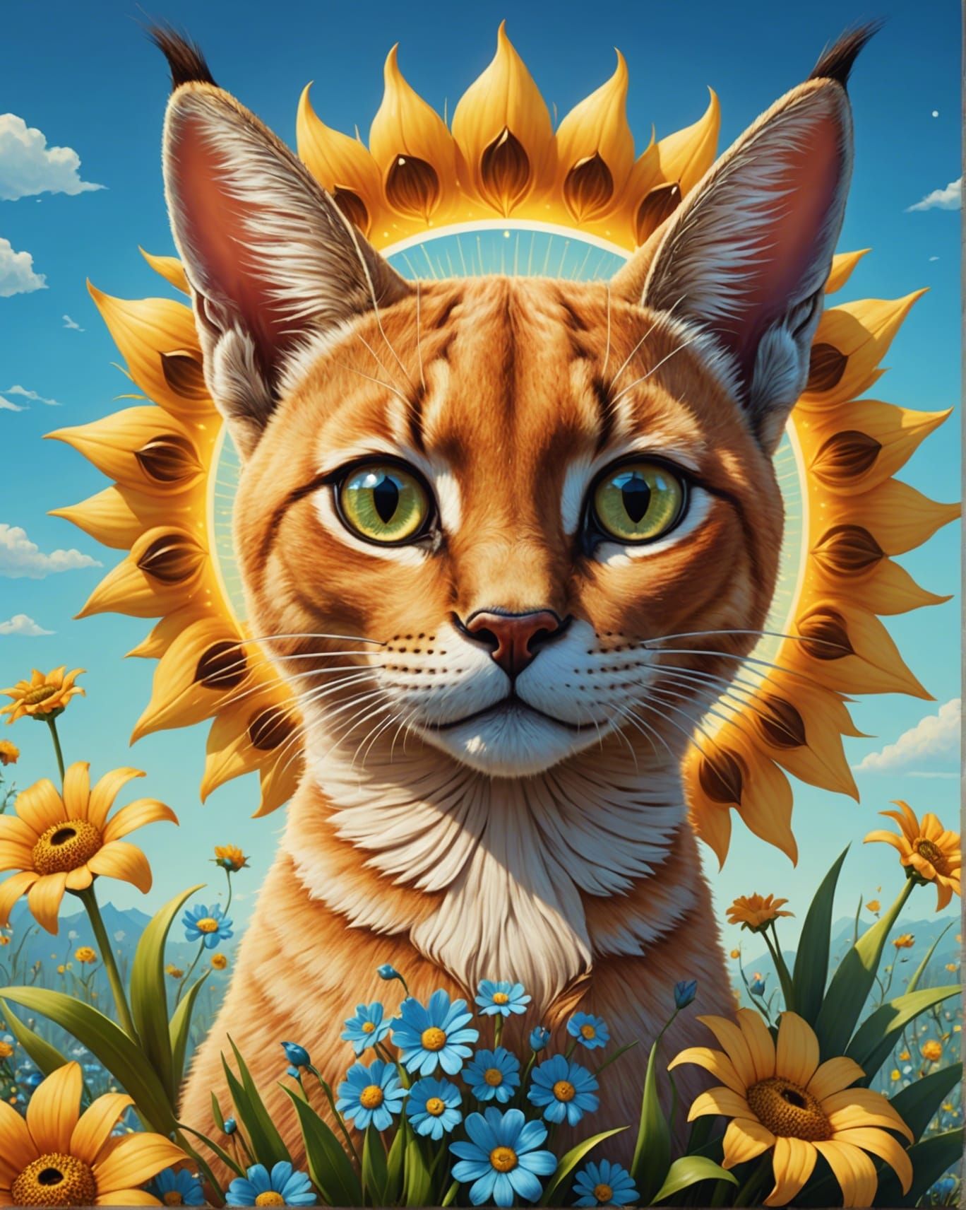 Cute Caracal Sun in Fantasy Garden, 3D Rendered