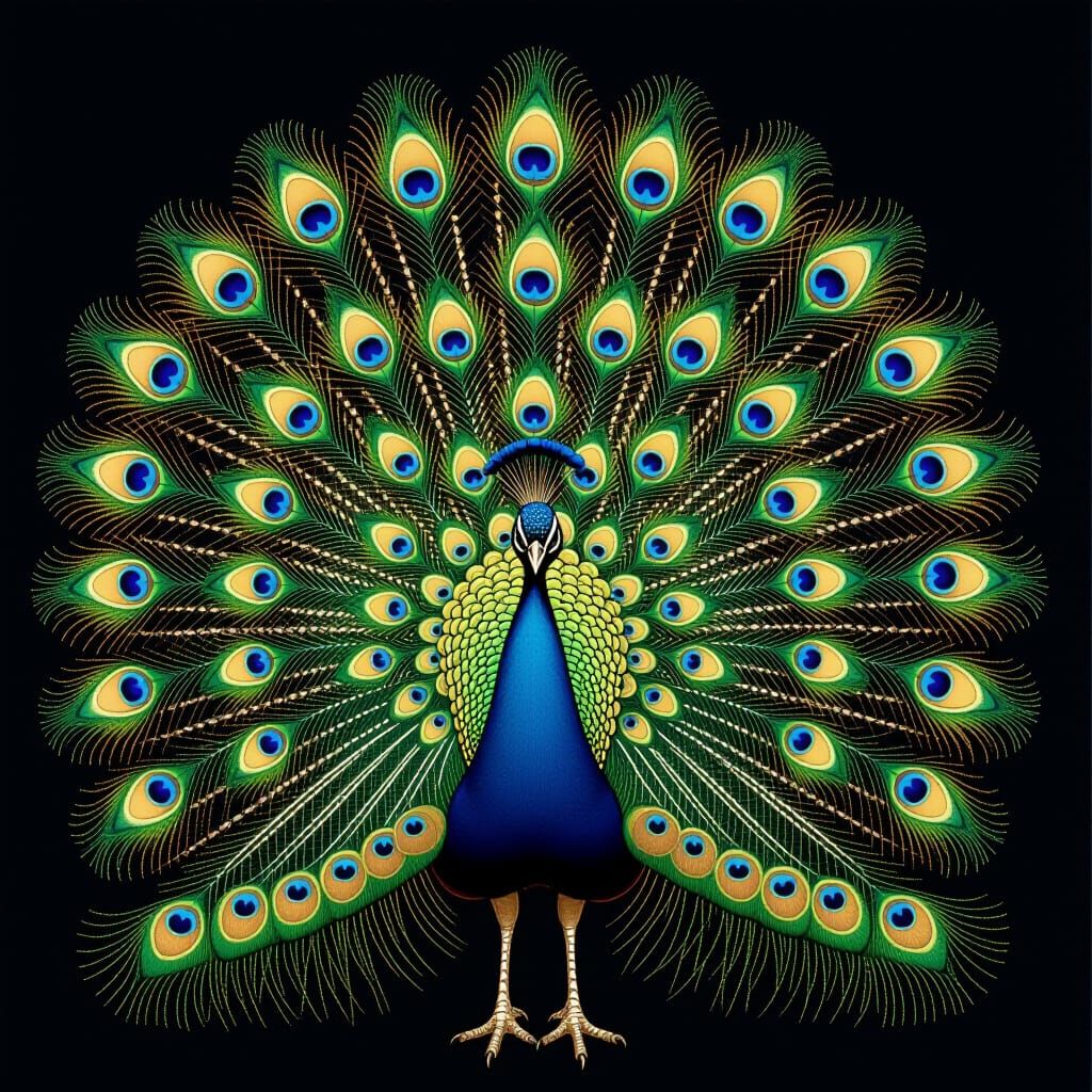 Majestic Peacock Spreading Golden Wings in Photorealistic St...