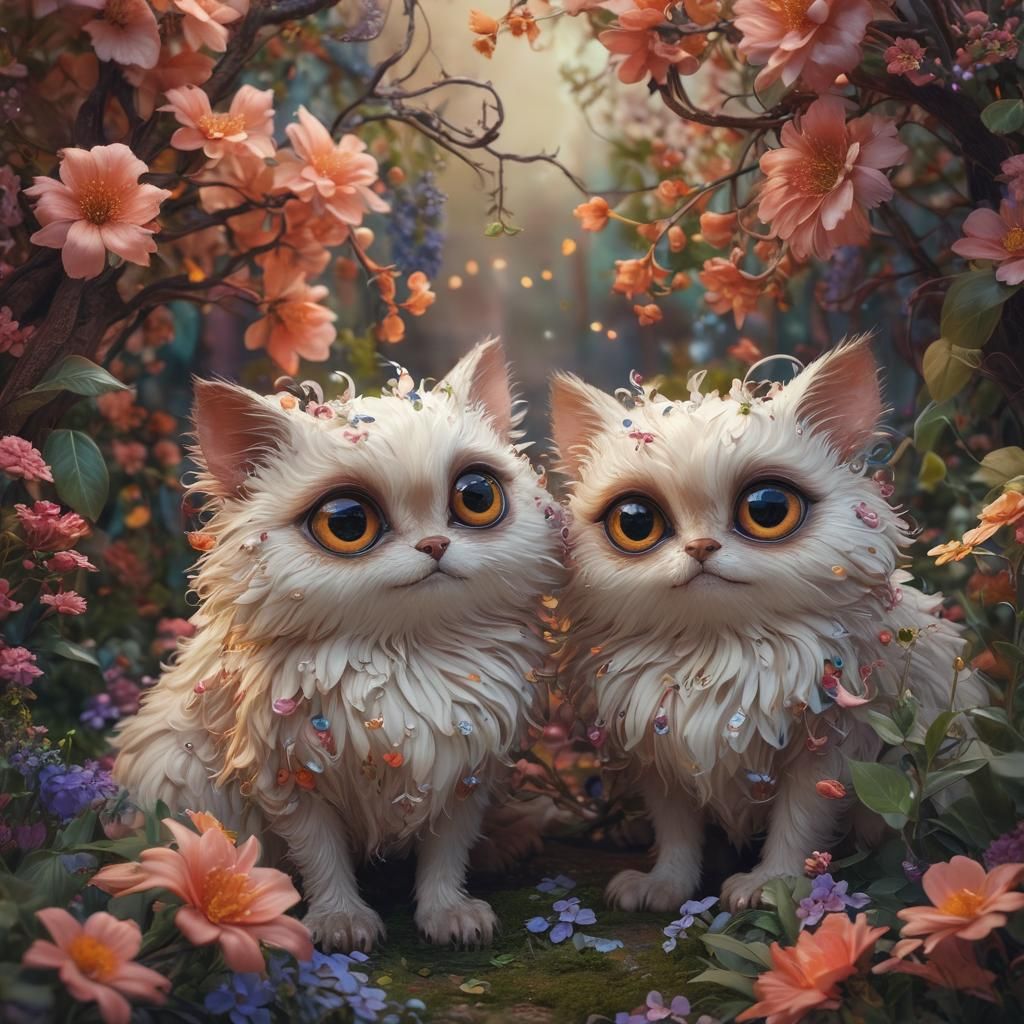 Furred Creatures Play Among Flowers, Art Nouveau Style