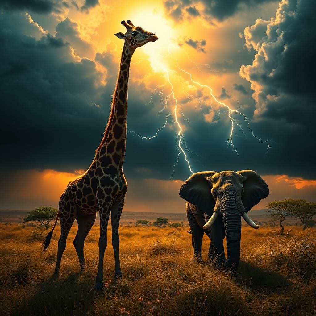 Majestic Giraffe and Wise Elephant Seek Shelter in the Storm...