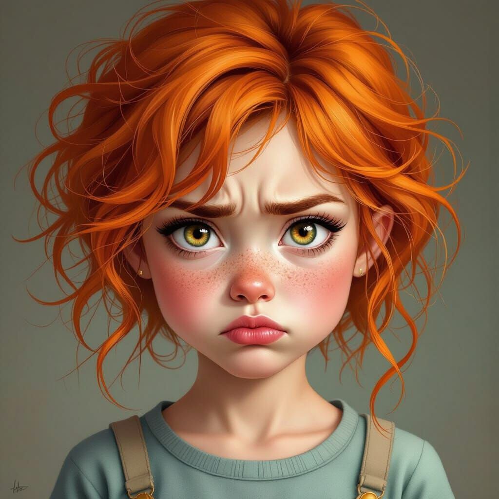 Girl with Messy Carrot Hair Disapprovingly Pouts